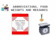 ABBREVIATIONS, FOOD WEIGHTS AND MEASURES. Abbreviations Teaspoon = tsp or t or Tsp Measuring spoons