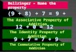 (9 + 8) + 7 = 9 + (8 + 7) The Associative Property of Addition 12 + 0 = 12 The Identity Property of Addition 9 + 7 = 7 + 9 The Commutative Property of