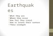 Earthquakes  What they are  Where they occur  How fast they travel  How to locate their centers  Their strength