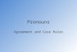 Pronouns Agreement and Case Rules. Pronoun Agreement Pronouns must agree with their antecedents in number (singular or plural). â€“The ballerinas tied their