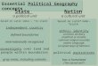 Essential Political Geography concepts State a political unit Nation a cultural unit based on Latin status – “to stand” independent country defined boundaries