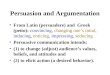 Persuasion and Argumentation From Latin (persuadere) and Greek (peíto): convincing, changing one’s mind, inducing, enticing, impressing, seducing Persuasive