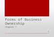 Forms of Business Ownership Chapter 7 1. Sole Proprietorship Sole Proprietorship: business firm with one owner and accounts for nearly 75% of all the
