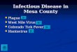 Infectious Disease in Mesa County Plague Plague West Nile Virus West Nile Virus Colorado Tick Fever Colorado Tick Fever Hantavirus Hantavirus