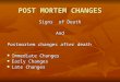 POST MORTEM CHANGES Signs of Death And Postmortem changes after death Immediate Changes Immediate Changes Early Changes Early Changes Late Changes Late