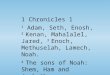 1 Chronicles 1 1 Adam, Seth, Enosh, 2 Kenan, Mahalalel, Jared, 3 Enoch, Methuselah, Lamech, Noah. 4 The sons of Noah: Shem, Ham and Japheth