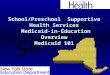 1 School/Preschool Supportive Health Services Medicaid-in-Education Overview Medicaid 101 To insert your company logo on this slide From the Insert Menu