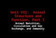 Unit VII: Animal Structure and Function, Part I Animal Nutrition, Circulation and Gas Exchange, and Immunity