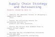 Supply Chain Strategy and Outsourcing Students should be able to: Identify the important factors in designing a competitive supply chain. Explain the motivating
