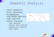 1 Semantic Analysis Check semantics Error reporting Disambiguate overloaded operators Type coercion Static checking –Type checking –Control flow checking