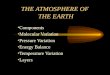 THE ATMOSPHERE OF THE EARTH Components Molecular Variation Pressure Variation Energy Balance Temperature Variation Layers