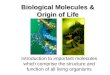 Biological Molecules & Origin of Life Introduction to important molecules which comprise the structure and function of all living organisms