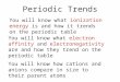 Periodic Trends You will know what ionization energy is and how it trends on the periodic table You will know what electron affinity and electronegativity