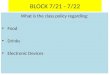 What is the class policy regarding: Food Drinks Electronic Devices BLOCK 7/21 - 7/22