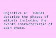 Objective 4: TSWBAT describe the phases of mitosis including the events characteristic of each phase