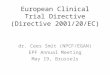European Clinical Trial Directive (Directive 2001/20/EC) dr. Cees Smit (NPCF/EGAN) EPF Annual Meeting May 19, Brussels