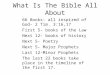 What Is The Bible All About 66 Books- all inspired of God- 2 Tim. 3:16,17 First 5- books of the Law Next 12- books of history Next 5- Poetry Next 5- Major