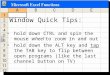 Window Quick Tips: hold down CTRL and spin the mouse wheel to zoom in and out hold down the ALT key and tap the TAB key to flip between open programs (like