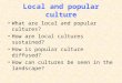 Local and popular culture What are local and popular cultures? How are local cultures sustained? How is popular culture diffused? How can cultures be seen