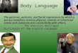 Body Language The gestures, postures, and facial expressions by which a person manifests various physical, mental, or emotional states and communicates