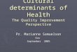 Cultural determinants of Health The Quality Improvement Perspective Pr. Marianne Samuelson Kos September 2005