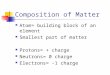 Composition of Matter Atom= building block of an element Smallest part of matter Protons= + charge Neutrons= 0 charge Electrons= -1 charge