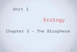 Ecology Unit 2 Chapter 3 – The Biosphere. Introduction to Ecology Introduction to Ecology Ecology - the scientific study of interactions among organisms