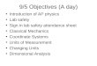 9/5 Objectives (A day) Introduction of AP physics Lab safety Sign in lab safety attendance sheet Classical Mechanics Coordinate Systems Units of Measurement