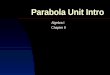 Parabola Unit Intro Algebra I Chapter 9. Introduction Quadratic Functions  Non-linear  y = ax 2 + bx + c  Physics Scenarios Graphs  Symmetrical