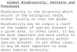 Global Biodiversity: Patterns and Processes Biodiversity is the diversity which exists in the biological realm, either locally or over the globe. Biodiversity