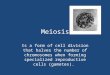 Meiosis Is a form of cell division that halves the number of chromosomes when forming specialized reproductive cells (gametes)