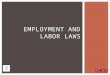 EMPLOYMENT AND LABOR LAWS  These laws:  Prevent discrimination and harassment in the workplace.  Outline workplace poster requirements.  Set wage