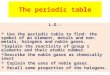 The periodic table L.O.:  Use the periodic table to find: the symbol of an element, metals and non-metals, halogens and noble gases.  Explain the reactivity