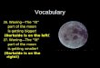 Vocabulary 26. Waxing—The “lit” part of the moon is getting bigger! (Darkside is on the left!) 27. Waning—The “lit” part of the moon is getting smaller!