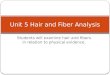 Students will examine hair and fibers in relation to physical evidence. Unit 5 Hair and Fiber Analysis