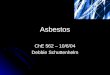 Asbestos ChE 562 – 10/6/04 Debbie Schuttenhelm. Outline What is asbestos? What is asbestos? Positives – insulation and fire prevention Positives – insulation
