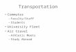 Transportation Commuter –Faculty/Staff –Students University Fleet Air travel –Athletic Meets –Study Abroad