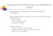 Government Influences on Markets & Taxes  As Governments attempt to maximize welfare of constituents:  Government Influences that can create both inefficiency