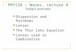 PHY138 – Waves, Lecture 8 Today’s overview: Dispersion and Rainbows Lenses The Thin Lens Equation Lenses used in Combination