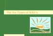 The Six Types of SAE’s. What is SAE? Supervised Agricultural Experience (SAE) Programs consist of planned practical activities conducted outside of class
