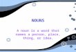 NOUNS A noun is a word that names a person, place, thing, or idea