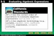 Evaluating Algebraic Expressions 1-1 AF1.2 Use the correct order of operations to evaluate algebraic expressions such as 3(2x + 5) 2. AF1.4 Use algebraic