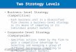 Two Strategy Levels Business-level Strategy (Competitive) –Each business unit in a diversified firm chooses a business-level strategy as its means of competing