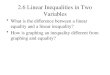 2.6 Linear Inequalities in Two Variables What is the difference between a linear equality and a linear inequality? How is graphing an inequality different