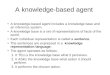 A knowledge-based agent A knowledge-based agent includes a knowledge base and an inference system. A knowledge base is a set of representations of facts