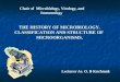 Chair of Microbiology, Virology, and Immunology THE HISTORY OF MICROBIOLOGY. CLASSIFICATION AND STRUCTURE OF MICROORGANISMS. Lecturer As. O. B Kuchmak
