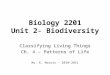 Biology 2201 Unit 2- Biodiversity Classifying Living Things Ch. 4 – Patterns of Life Ms. K. Morris – 2010-2011