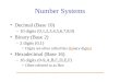 Number Systems Decimal (Base 10) –10 digits (0,1,2,3,4,5,6,7,8,9) Binary (Base 2) –2 digits (0,1) Digits are often called bits (binary digits) Hexadecimal