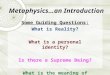 Metaphysics…an Introduction Some Guiding Questions: What is Reality? What is a personal identity? Is there a Supreme Being? What is the meaning of life?