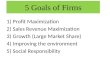 1)Profit Maximization 2)Sales Revenue Maximization 3)Growth (Large Market Share) 4)Improving the environment 5)Social Responsibility 5 Goals of Firms
